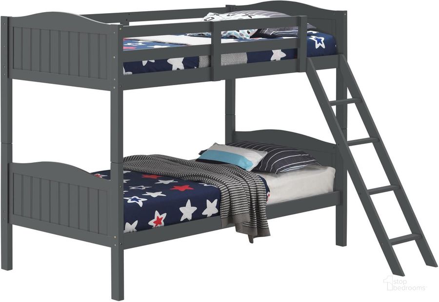 The appearance of Littleton Grey Slated Twin Over Twin Bunk Bed designed by Coaster in the transitional interior design. This gray piece of furniture  was selected by 1StopBedrooms from Littleton Collection to add a touch of cosiness and style into your home. Sku: 405053GRYB1;405053GRYB2. Bed Type: Bunk Bed. Product Type: Bunk Bed. Material: MDF. Bed Size: Twin Over Twin. Image1