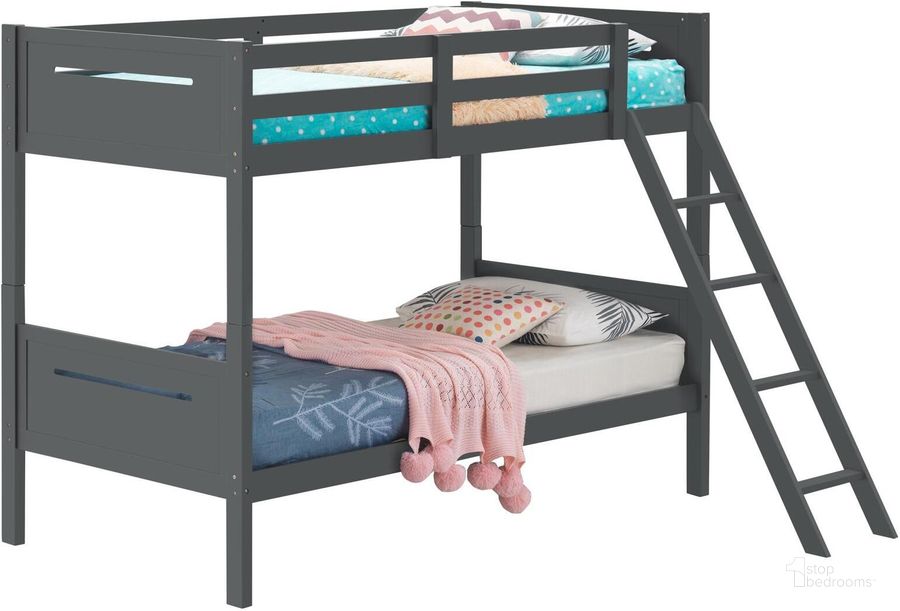The appearance of Littleton Grey Twin Over Twin Bunk Bed designed by Coaster in the transitional interior design. This gray piece of furniture  was selected by 1StopBedrooms from Littleton Collection to add a touch of cosiness and style into your home. Sku: 405051GRYB1;405051GRYB2. Bed Type: Bunk Bed. Product Type: Bunk Bed. Material: MDF. Bed Size: Twin Over Twin. Image1