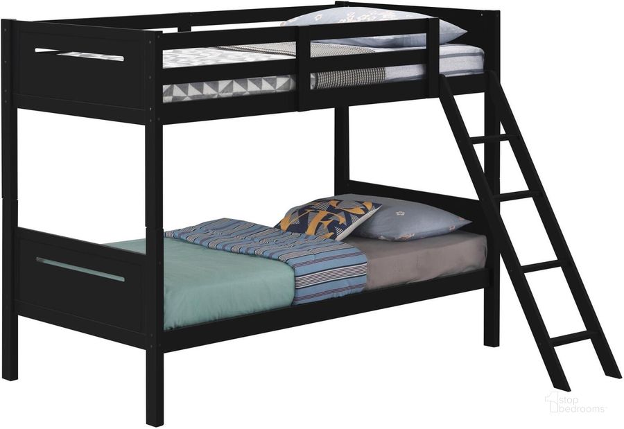 The appearance of Littleton Twin Over Twin Bunk Bed In Black designed by Coaster in the transitional interior design. This black piece of furniture  was selected by 1StopBedrooms from Littleton Collection to add a touch of cosiness and style into your home. Sku: 405051BLKB1;405051BLKB2. Bed Type: Bunk Bed. Material: Wood. Product Type: Bunk Bed. Bed Size: Twin Over Twin. Image1