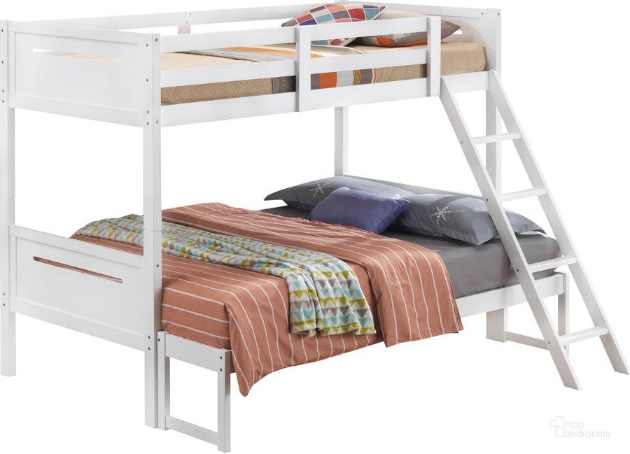 The appearance of Littleton White Twin Over Full Bunk Bed designed by Coaster in the transitional interior design. This white piece of furniture  was selected by 1StopBedrooms from Littleton Collection to add a touch of cosiness and style into your home. Sku: 405050WHT;405051WHTB1;405051WHTB2. Bed Type: Bunk Bed. Product Type: Bunk Bed. Material: MDF. Bed Size: Twin Over Full. Image1
