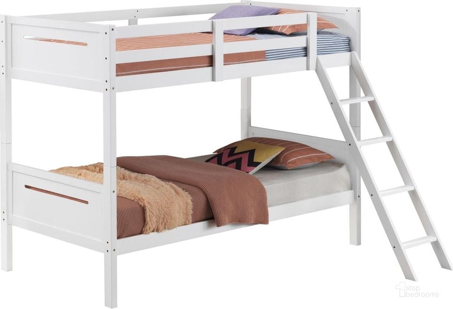 The appearance of Littleton White Twin Over Twin Bunk Bed designed by Coaster in the transitional interior design. This white piece of furniture  was selected by 1StopBedrooms from Littleton Collection to add a touch of cosiness and style into your home. Sku: 405051WHTB1;405051WHTB2. Bed Type: Bunk Bed. Product Type: Bunk Bed. Material: MDF. Bed Size: Twin Over Twin. Image1