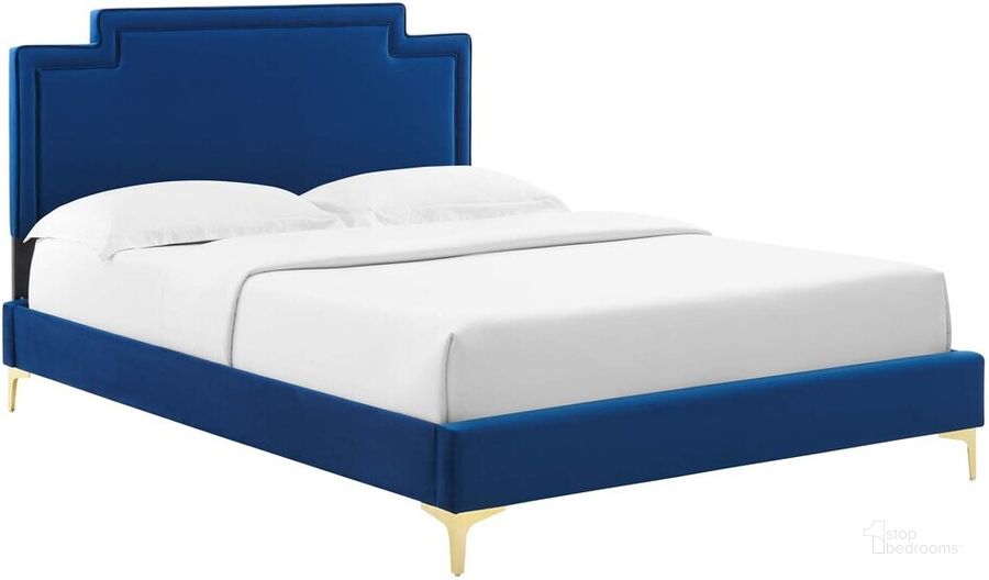 The appearance of Liva Performance Velvet Full Bed In Navy designed by Modway in the  interior design. This navy piece of furniture  was selected by 1StopBedrooms from Liva Collection to add a touch of cosiness and style into your home. Sku: MOD-6806-NAV. Bed Type: Platform Bed. Product Type: Platform Bed. Bed Size: Full. Material: MDF. Image1