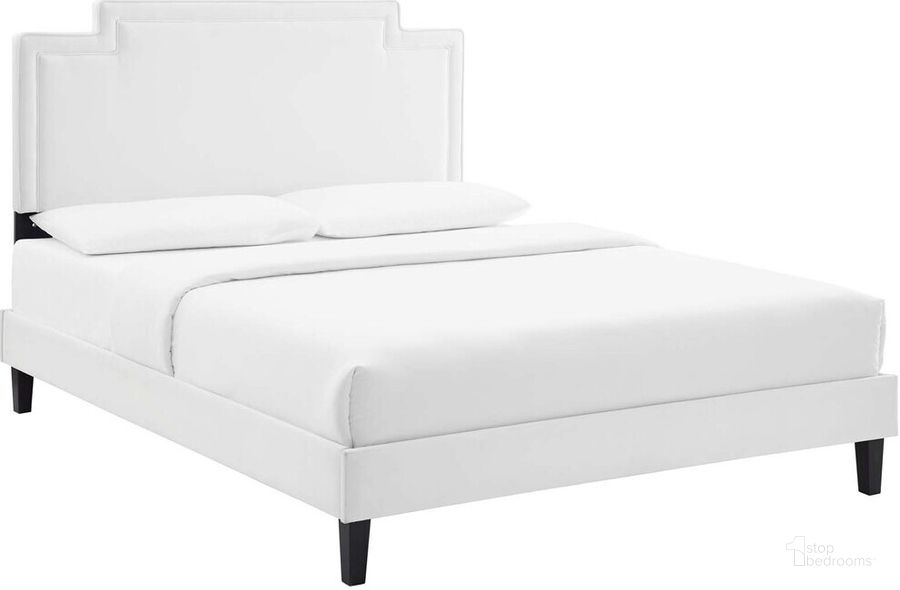 The appearance of Liva Performance Velvet King Bed In White designed by Modway in the  interior design. This white piece of furniture  was selected by 1StopBedrooms from Liva Collection to add a touch of cosiness and style into your home. Sku: MOD-6846-WHI. Bed Type: Platform Bed. Product Type: Platform Bed. Bed Size: King. Material: MDF. Image1