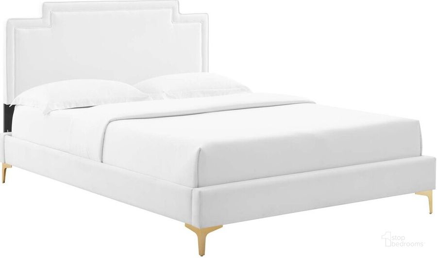 The appearance of Liva Performance Velvet King Bed In White designed by Modway in the  interior design. This white piece of furniture  was selected by 1StopBedrooms from Liva Collection to add a touch of cosiness and style into your home. Sku: MOD-6836-WHI. Bed Type: Platform Bed. Product Type: Platform Bed. Bed Size: King. Material: MDF. Image1