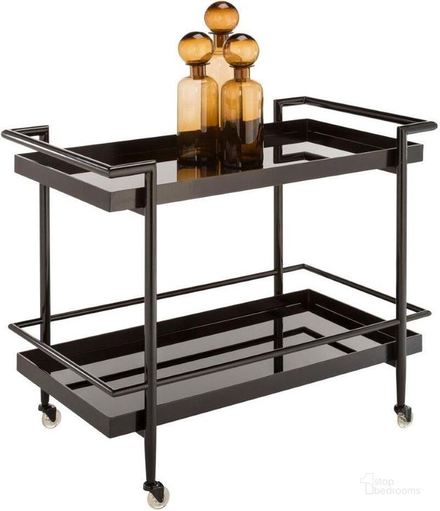 The appearance of Livingston Matte Black Bar Cart designed by Sunpan in the modern / contemporary interior design. This black piece of furniture  was selected by 1StopBedrooms from Ikon Collection to add a touch of cosiness and style into your home. Sku: 100913. Material: Glass. Product Type: Serving Cart. Image1