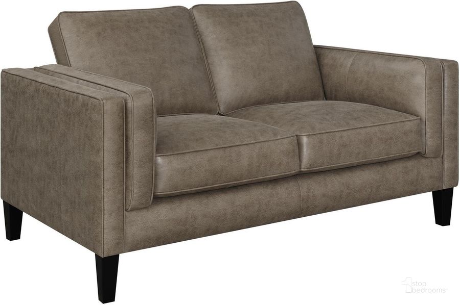 The appearance of Locke Upholstered Track Arms Loveseat Vintage Brown designed by Coaster in the transitional interior design. This vintage brown piece of furniture  was selected by 1StopBedrooms from Locke Collection to add a touch of cosiness and style into your home. Sku: 509192. Product Type: Loveseat. Material: Rubberwood. Image1