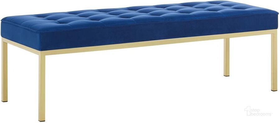 The appearance of Loft Gold Stainless Steel Leg Large Performance Velvet Bench In Gold Navy designed by Modway in the transitional interior design. This gold navy piece of furniture  was selected by 1StopBedrooms from Loft Collection to add a touch of cosiness and style into your home. Sku: EEI-3399-GLD-NAV. Material: Wood. Product Type: Bench. Image1