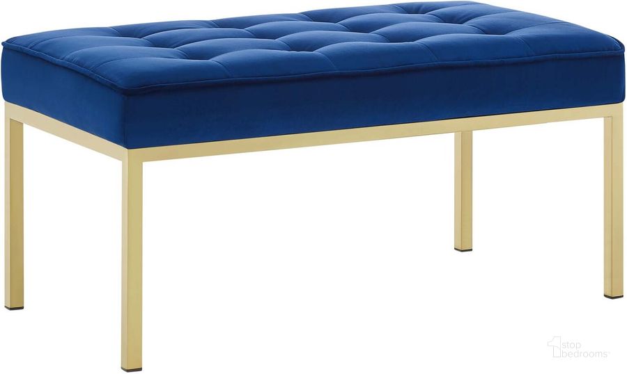 The appearance of Loft Gold Navy Gold Stainless Steel Leg Medium Performance Velvet Bench designed by Modway in the modern / contemporary interior design. This gold navy piece of furniture  was selected by 1StopBedrooms from Loft Collection to add a touch of cosiness and style into your home. Sku: EEI-3402-GLD-NAV. Material: Wood. Product Type: Bench. Image1