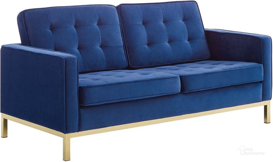 The appearance of Loft Gold Navy Gold Stainless Steel Leg Performance Velvet Loveseat designed by Modway in the modern / contemporary interior design. This gold navy piece of furniture  was selected by 1StopBedrooms from Loft Collection to add a touch of cosiness and style into your home. Sku: EEI-3390-GLD-NAV. Material: Wood. Product Type: Loveseat. Image1