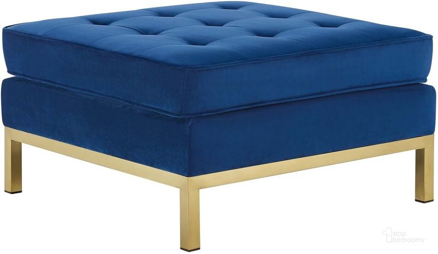 The appearance of Loft Gold Stainless Steel Leg Performance Velvet Ottoman In Gold Navy designed by Modway in the transitional interior design. This gold navy piece of furniture  was selected by 1StopBedrooms from Loft Collection to add a touch of cosiness and style into your home. Sku: EEI-3396-GLD-NAV. Material: Wood. Product Type: Ottoman. Image1
