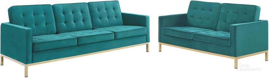 The appearance of Loft Gold Stainless Steel Leg Performance Velvet Sofa and Loveseat Set designed by Modway in the modern / contemporary interior design. This gold teal piece of furniture  was selected by 1StopBedrooms from Loft Collection to add a touch of cosiness and style into your home. Sku: EEI-4099-GLD-TEA-SET. Material: Wood. Product Type: Sofa. Image1