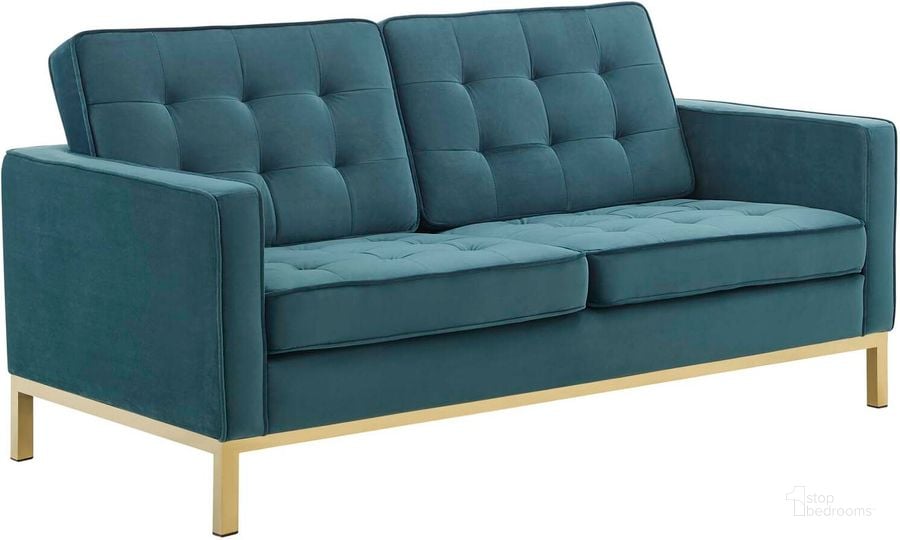 The appearance of Loft Gold Teal Gold Stainless Steel Leg Performance Velvet Loveseat designed by Modway in the modern / contemporary interior design. This gold teal piece of furniture  was selected by 1StopBedrooms from Loft Collection to add a touch of cosiness and style into your home. Sku: EEI-3390-GLD-TEA. Material: Wood. Product Type: Loveseat. Image1
