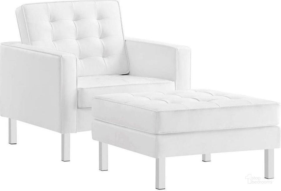 The appearance of Loft Tufted Vegan Leather Armchair And Ottoman Set In Silver White designed by Modway in the transitional interior design. This silver and white piece of furniture  was selected by 1StopBedrooms from Loft Collection to add a touch of cosiness and style into your home. Sku: EEI-6409-SLV-WHI-SET. Product Type: Living Room Chair. Material: Plywood. Image1