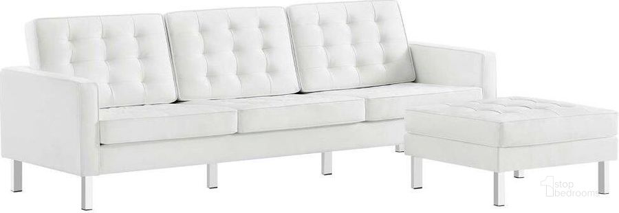 The appearance of Loft Tufted Vegan Leather Sofa And Ottoman Set In Silver White designed by Modway in the transitional interior design. This silver and white piece of furniture  was selected by 1StopBedrooms from Loft Collection to add a touch of cosiness and style into your home. Sku: EEI-6410-SLV-WHI-SET. Product Type: Sofa. Material: Plywood. Image1