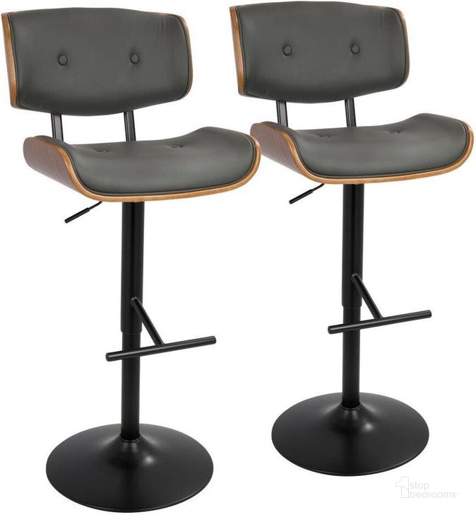 The appearance of Lombardi Mid Century Modern Adjustable Barstool With Swivel In Walnut With Grey Faux Leather Set Of 2 designed by Lumisource in the transitional interior design. This dark gray piece of furniture  was selected by 1StopBedrooms from Lombardi Collection to add a touch of cosiness and style into your home. Sku: BS-LMB2-SWVT WLGY2. Material: Wood. Product Type: Barstool. Image1