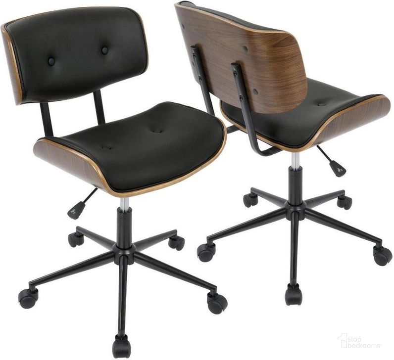 The appearance of Lombardi Mid-Century Modern Adjustable Office Chair With Swivel In Walnut And Black designed by Lumisource in the transitional interior design. This walnut piece of furniture  was selected by 1StopBedrooms from Lombardi Collection to add a touch of cosiness and style into your home. Sku: OC-JY-LMB WL+BK. Material: Metal. Product Type: Office Chair. Image1