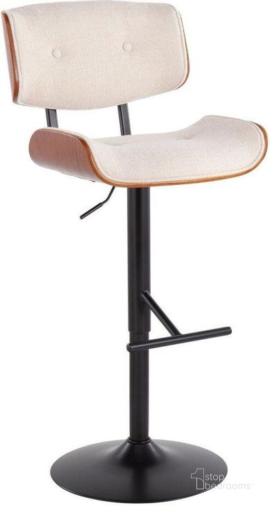 The appearance of Lombardi Mid-Century Modern Barstool In Black Metal And Cream Noise Fabric With Walnut Wood Accent designed by Lumisource in the transitional interior design. This black piece of furniture  was selected by 1StopBedrooms from Lombardi Collection to add a touch of cosiness and style into your home. Sku: BS-LMB BKCR. Material: Polyester. Product Type: Barstool. Image1