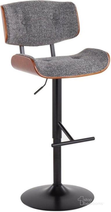 The appearance of Lombardi Mid-Century Modern Barstool In Black Metal And Grey Noise Fabric With Walnut Wood Accent designed by Lumisource in the transitional interior design. This grey piece of furniture  was selected by 1StopBedrooms from Lombardi Collection to add a touch of cosiness and style into your home. Sku: BS-LMB BKGY. Material: Polyester. Product Type: Barstool. Image1