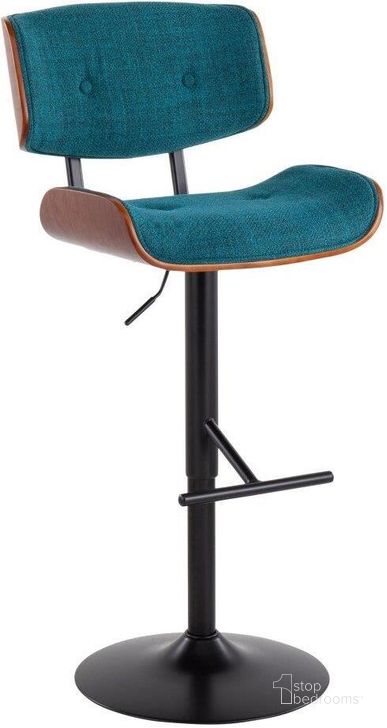 The appearance of Lombardi Mid-Century Modern Barstool In Black Metal And Teal Noise Fabric With Walnut Wood Accent designed by Lumisource in the transitional interior design. This teal piece of furniture  was selected by 1StopBedrooms from Lombardi Collection to add a touch of cosiness and style into your home. Sku: BS-LMB BKTL. Material: Polyester. Product Type: Barstool. Image1
