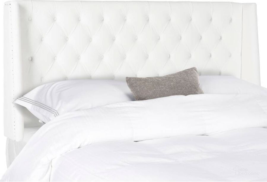 The appearance of London White Queen Tufted Winged Headboard with Flat Nailhead Detail designed by Safavieh in the modern / contemporary interior design. This white piece of furniture  was selected by 1StopBedrooms from London Collection to add a touch of cosiness and style into your home. Sku: MCR4048F-Q. Product Type: Headboard. Bed Size: Queen. Image1