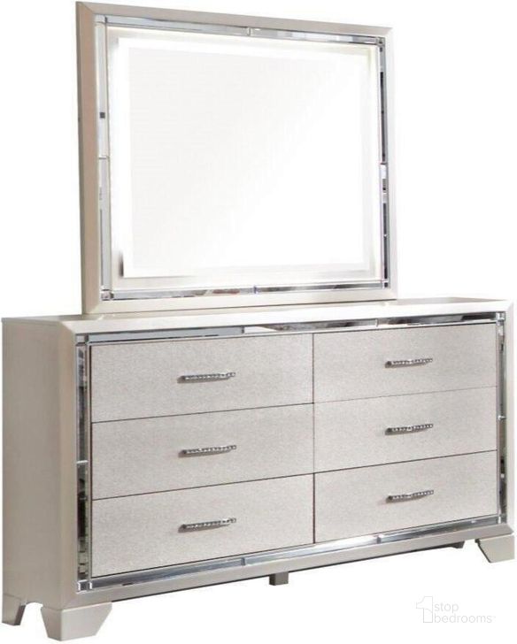 The appearance of Lonnix Dresser and Mirror In Silver designed by Signature Design by Ashley in the modern / contemporary interior design. This silver piece of furniture  was selected by 1StopBedrooms from Lonnix Collection to add a touch of cosiness and style into your home. Sku: B410-21;B410-26. Material: Glass. Product Type: Dresser and Mirror. Image1