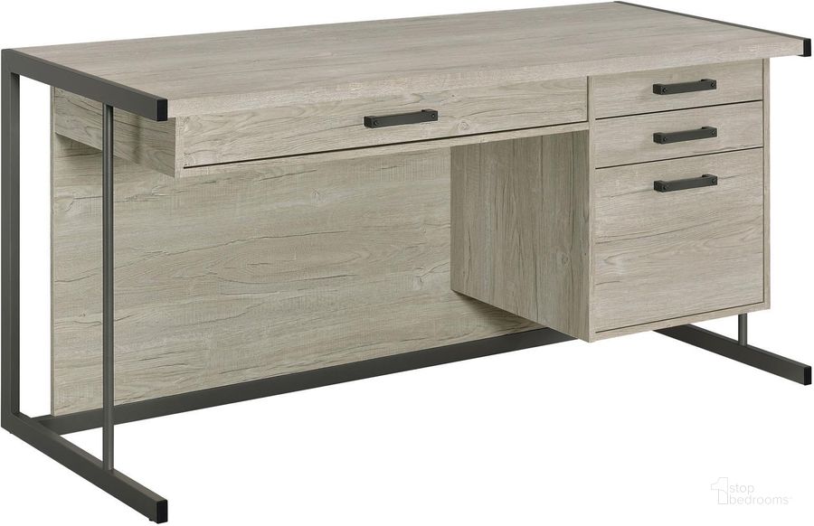 The appearance of Loomis 4-Drawer Rectangular Office Desk Whitewashed Grey and Gunmetal designed by Coaster in the modern / contemporary interior design. This white wash piece of furniture  was selected by 1StopBedrooms from Loomis Collection to add a touch of cosiness and style into your home. Sku: 805881. Product Type: Office Desk. Material: Melamine. Image1