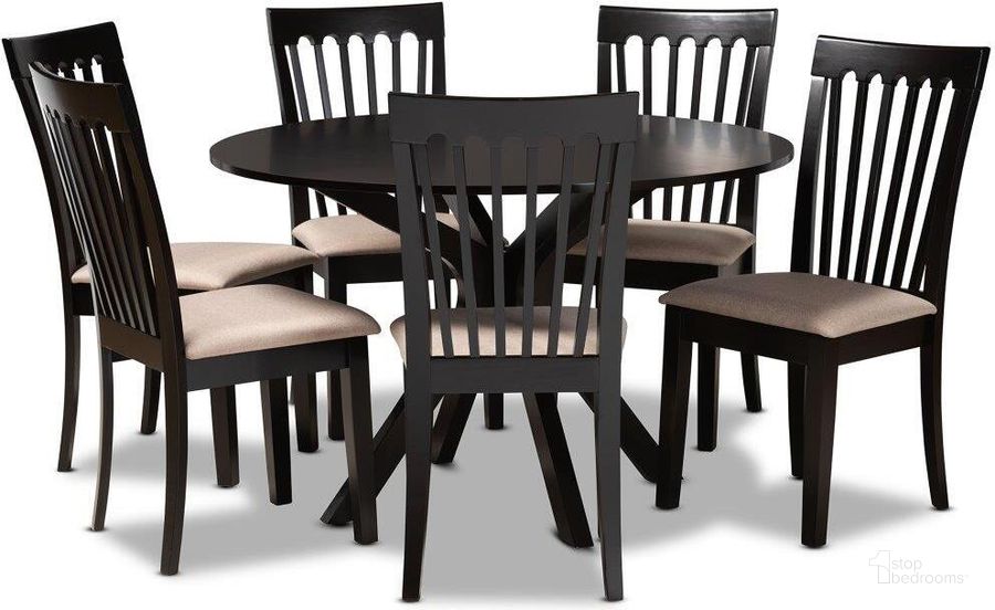 The appearance of Lore Modern and Contemporary Sand Fabric Upholstered and Dark Brown Finished Wood 7-Piece Dining Set designed by Baxton Studio in the modern / contemporary interior design. This dark brown piece of furniture  was selected by 1StopBedrooms from Lore Collection to add a touch of cosiness and style into your home. Sku: Lore-Sand/Dark Brown-7PC Dining Set. Material: Fabric. Product Type: Dining Room Set. Image1