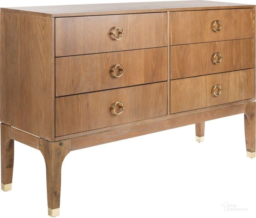 The appearance of Lorna Contemporary Dresser In Rustic Oak And Gold designed by Safavieh Couture in the modern / contemporary interior design. This gold piece of furniture  was selected by 1StopBedrooms from Lorna Collection to add a touch of cosiness and style into your home. Sku: SFV2104B. Material: Wood. Product Type: Dresser. Image1
