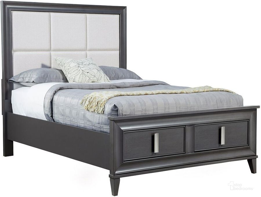 The appearance of Lorraine Dark Grey Cal King Upholstered Storage Platform Bed designed by Alpine in the transitional interior design. This gray piece of furniture  was selected by 1StopBedrooms from Lorraine Collection to add a touch of cosiness and style into your home. Sku: 8171-07CK. Bed Type: Platform Bed. Product Type: Platform Bed. Bed Size: California King. Material: Pine. Image1