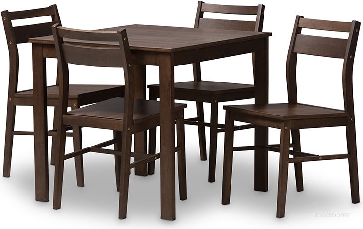 The appearance of Lovy Modern And Contemporary Walnut-Finished 5-Piece Dining Set designed by Baxton Studio in the modern / contemporary interior design. This espresso brown piece of furniture  was selected by 1StopBedrooms from Lovy Collection to add a touch of cosiness and style into your home. Sku: Lovy Dining Set. Product Type: Dining Room Set. Material: Rubberwood. Image1