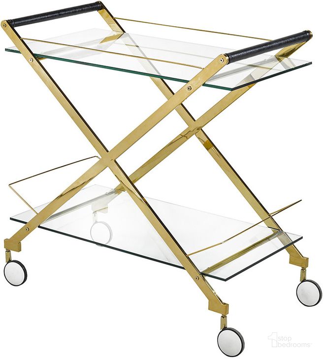 The appearance of Lucia Gold Bar Cart designed by Uptown Club in the modern / contemporary interior design. This gold piece of furniture  was selected by 1StopBedrooms from Lucia Collection to add a touch of cosiness and style into your home. Sku: GM1981. Material: Stainless Steel. Product Type: Bar Cart. Image1