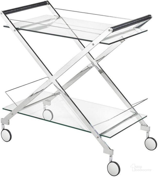 The appearance of Lucia Silver Bar Cart designed by Uptown Club in the modern / contemporary interior design. This silver piece of furniture  was selected by 1StopBedrooms from Lucia Collection to add a touch of cosiness and style into your home. Sku: GM1980. Material: Stainless Steel. Product Type: Bar Cart. Image1