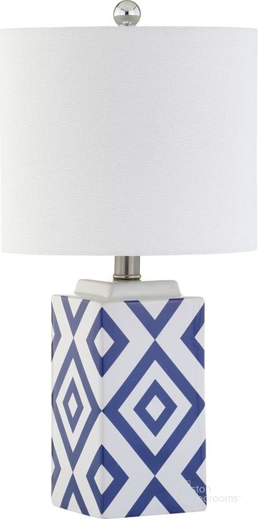 The appearance of Lugo White and Blue Table Lamp designed by Safavieh in the modern / contemporary interior design. This white and blue piece of furniture  was selected by 1StopBedrooms from Safavieh MLT Collection to add a touch of cosiness and style into your home. Sku: MLT4006A. Material: Chrome. Product Type: Table Lamp. Image1