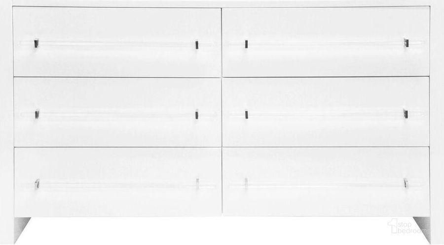 The appearance of Luke Glossy White Lacquer With Acrylic And Polished Nickel 6 Drawer Dresser designed by Worlds Away in the modern / contemporary interior design. This white piece of furniture  was selected by 1StopBedrooms from Luke Collection to add a touch of cosiness and style into your home. Sku: LUKE WH. Material: Metal. Product Type: Dresser. Image1