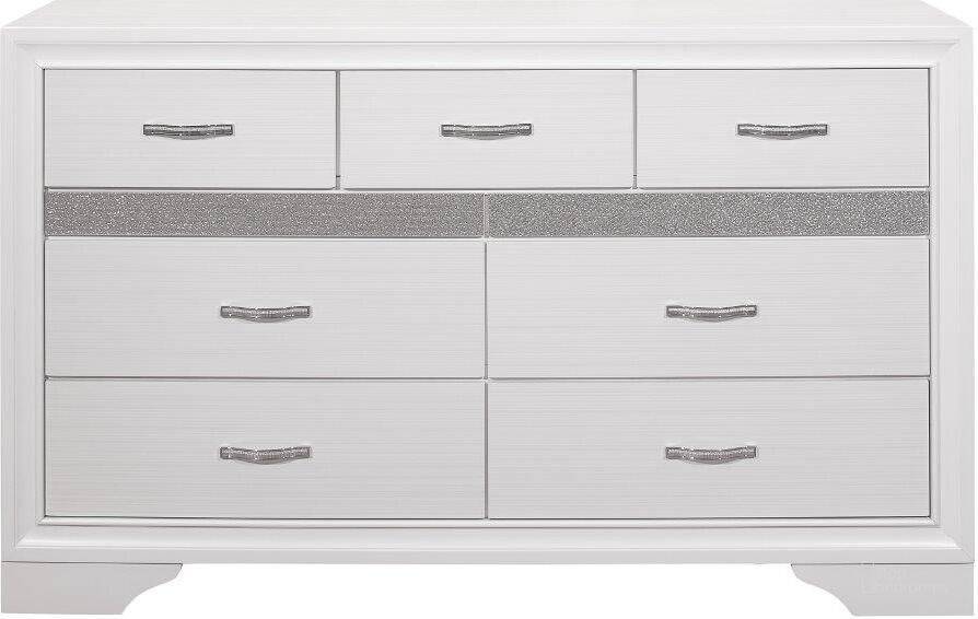 The appearance of Luster White And Silver Glitter Dresser designed by Homelegance in the transitional interior design. This white piece of furniture  was selected by 1StopBedrooms from Luster Collection to add a touch of cosiness and style into your home. Sku: 1505W-5. Material: Wood. Product Type: Dresser. Image1