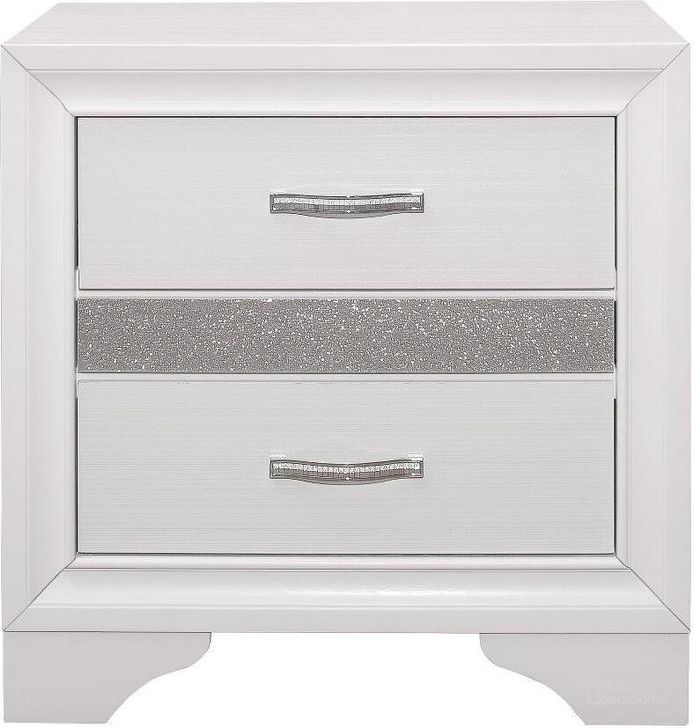 The appearance of Luster White And Silver Glitter Nightstand designed by Homelegance in the transitional interior design. This white piece of furniture  was selected by 1StopBedrooms from Luster Collection to add a touch of cosiness and style into your home. Sku: 1505W-4. Material: Wood. Product Type: Nightstand. Image1