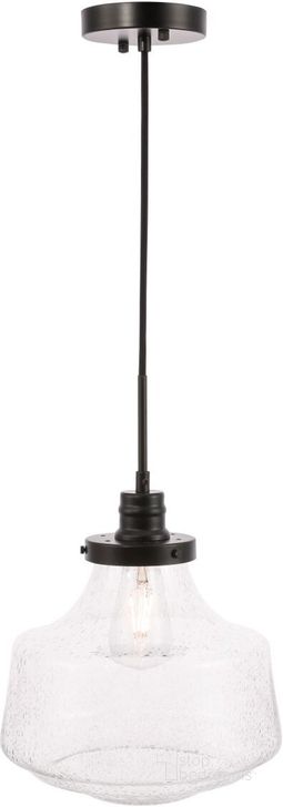 The appearance of Lyle 1 Light Black And Clear Seeded Glass Pendant LD6258BK designed by Elegant Lighting in the industrial interior design. This black piece of furniture  was selected by 1StopBedrooms from Lyle Collection to add a touch of cosiness and style into your home. Sku: LD6258BK. Material: Metal. Product Type: Pendant Lighting. Image1