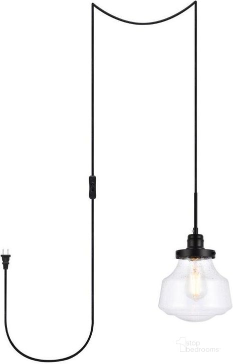 The appearance of Lyle 1 Light Black And Clear Seeded Glass Plug In Pendant designed by Elegant Lighting in the transitional interior design. This black piece of furniture  was selected by 1StopBedrooms from Lyle Collection to add a touch of cosiness and style into your home. Sku: LDPG6252BK. Product Type: Pendant Lighting. Material: Iron. Image1