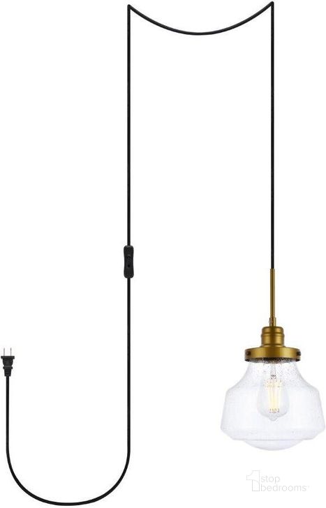 The appearance of Lyle 1 Light Brass And Clear Seeded Glass Plug In Pendant designed by Elegant Lighting in the transitional interior design. This brass piece of furniture  was selected by 1StopBedrooms from Lye Collection to add a touch of cosiness and style into your home. Sku: LDPG6254BR. Product Type: Pendant Lighting. Material: Iron. Image1