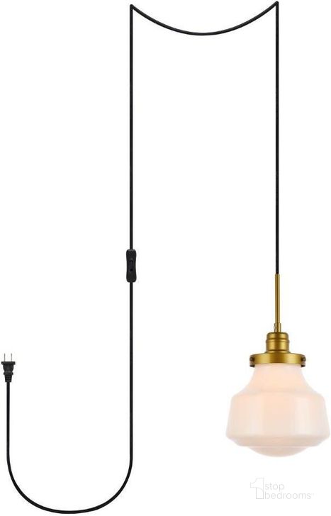 The appearance of Lyle 1 Light Brass And Frosted White Glass Plug In Pendant designed by Elegant Lighting in the transitional interior design. This white piece of furniture  was selected by 1StopBedrooms from Lye Collection to add a touch of cosiness and style into your home. Sku: LDPG6257BR. Product Type: Pendant Lighting. Material: Iron. Image1