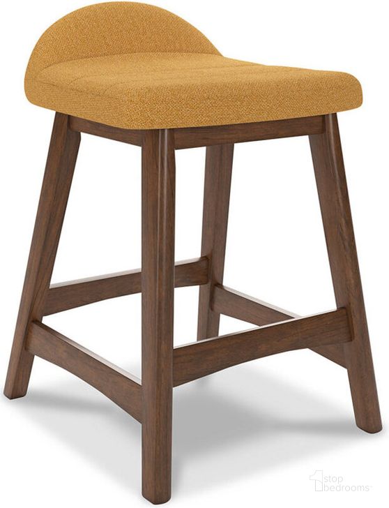 The appearance of Lyncott Mustard And Brown Upholstered Barstool Set Of 2 designed by Signature Design by Ashley in the modern / contemporary interior design. This mustard/brown piece of furniture  was selected by 1StopBedrooms from Lyncott Collection to add a touch of cosiness and style into your home. Sku: D615-424. Material: Fabric. Product Type: Barstool. Image1