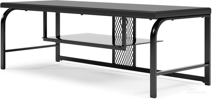 The appearance of Lynxtyn Black Tv Stand designed by Signature Design by Ashley in the modern / contemporary interior design. This black piece of furniture  was selected by 1StopBedrooms from Lynxtyn Collection to add a touch of cosiness and style into your home. Sku: W400-110. Material: Metal. Product Type: TV Stand. Image1