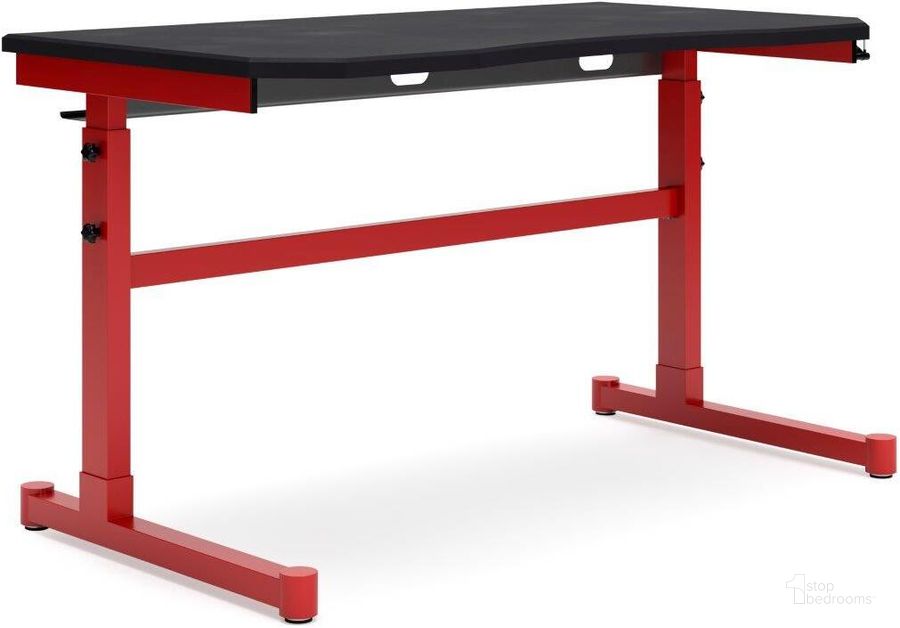 The appearance of Lynxtyn Red And Black Adjustable Height Desk designed by Signature Design by Ashley in the modern / contemporary interior design. This red/black piece of furniture  was selected by 1StopBedrooms from Lynxtyn Collection to add a touch of cosiness and style into your home. Sku: H400-411. Material: Metal. Product Type: Desk. Image1