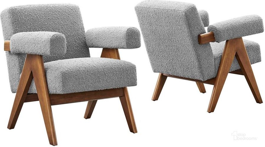 The appearance of Lyra Boucle Fabric Armchair Set of 2 In Light Gray designed by Modway in the  interior design. This light gray piece of furniture  was selected by 1StopBedrooms from Lyra Collection to add a touch of cosiness and style into your home. Sku: EEI-6703-LGR. Product Type: Living Room Chair. Material: Rubberwood. Image1