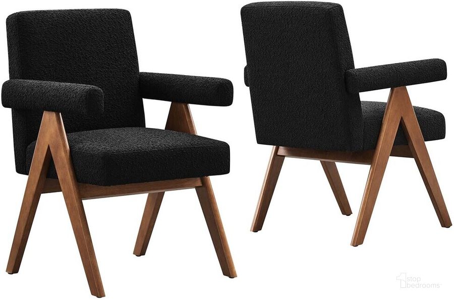 The appearance of Lyra Boucle Fabric Dining Room Chair Set of 2 In Black designed by Modway in the  interior design. This black piece of furniture  was selected by 1StopBedrooms from Lyra Collection to add a touch of cosiness and style into your home. Sku: EEI-6506-BLK. Product Type: Dining Chair. Material: Rubberwood. Image1
