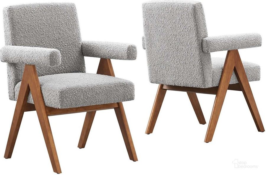The appearance of Lyra Boucle Fabric Dining Room Chair Set of 2 In Light Gray designed by Modway in the  interior design. This light gray piece of furniture  was selected by 1StopBedrooms from Lyra Collection to add a touch of cosiness and style into your home. Sku: EEI-6506-LGR. Product Type: Dining Chair. Material: Rubberwood. Image1