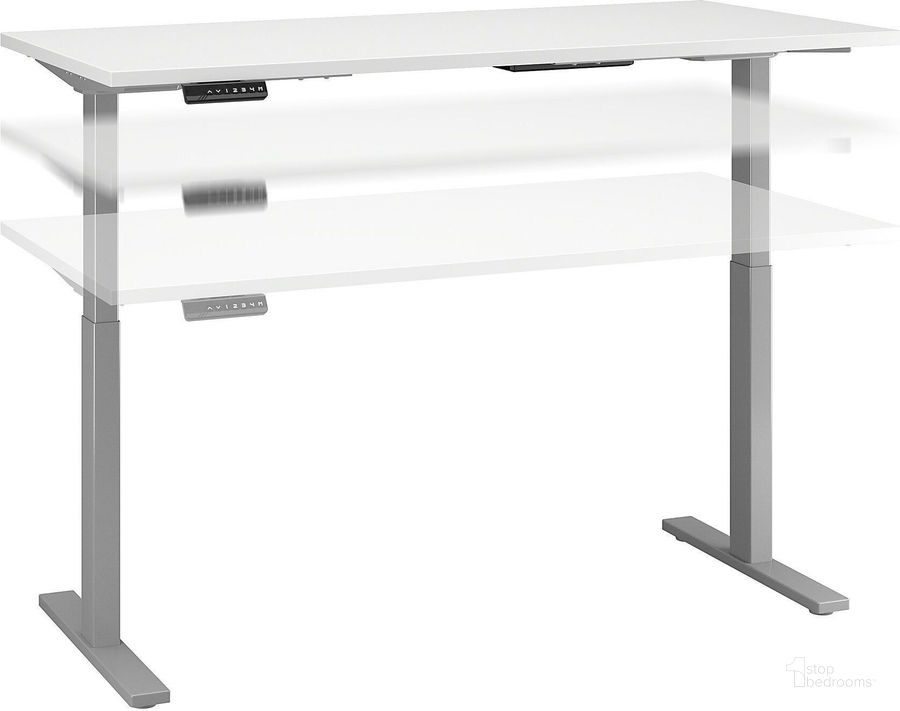 The appearance of Move 60 Series White 60" Adjustable Height Standing Desk designed by Bush Furniture in the modern / contemporary interior design. This white piece of furniture  was selected by 1StopBedrooms from Move 60 Series Collection to add a touch of cosiness and style into your home. Sku: M6S6030WHSK. Material: Wood. Product Type: Adjustable Table. Image1