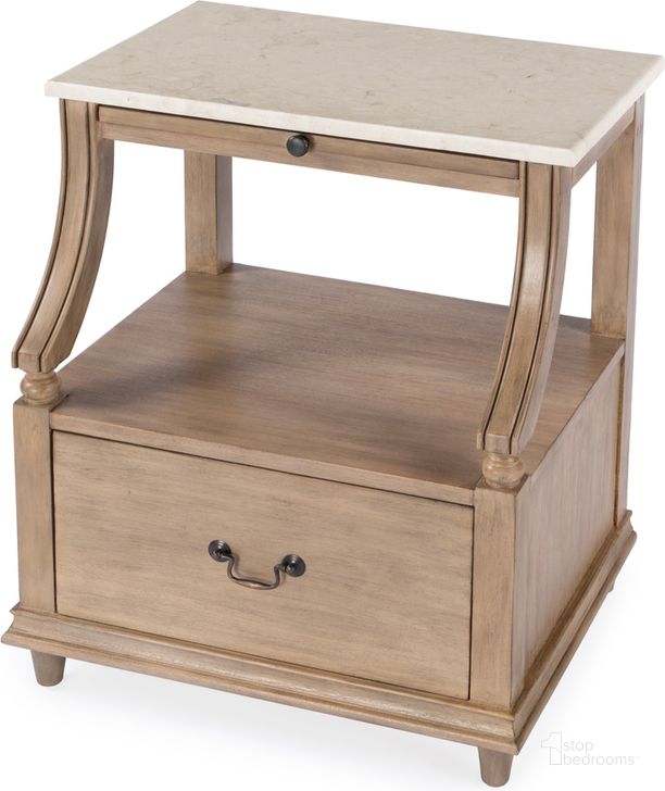 The appearance of Mabel Marble 1 Drawer Nightstand In Tan/Beige designed by Butler Specialty Company in the transitional interior design. This beige piece of furniture  was selected by 1StopBedrooms from Mabel Collection to add a touch of cosiness and style into your home. Sku: 5519415. Material: Marble. Product Type: Nightstand. Image1
