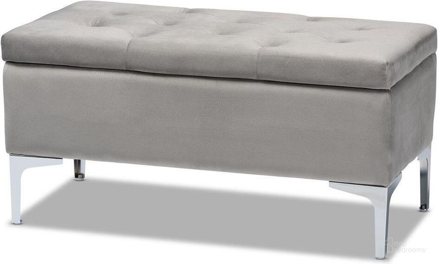 The appearance of Mabel Modern and Contemporary Transitional Grey Velvet Fabric Upholstered Silver Finished Storage Ottoman designed by Baxton Studio in the modern / contemporary interior design. This grey piece of furniture  was selected by 1StopBedrooms from Mabel Collection to add a touch of cosiness and style into your home. Sku: WS-20093-Grey Velvet/Silver-Otto. Product Type: Ottoman. Material: Velvet. Image1
