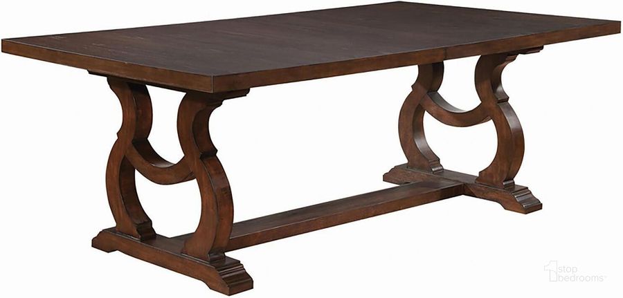 The appearance of Maccan Brown Dining Table 0qd24311135 designed by Versailles Home in the traditional interior design. This brown piece of furniture  was selected by 1StopBedrooms from Maccan Collection to add a touch of cosiness and style into your home. Sku: 110311B1;110311B2. Table Base Style: Trestle. Product Type: Dining Table. Material: MDF. Table Top Shape: Rectangular. Size: 105". Image1